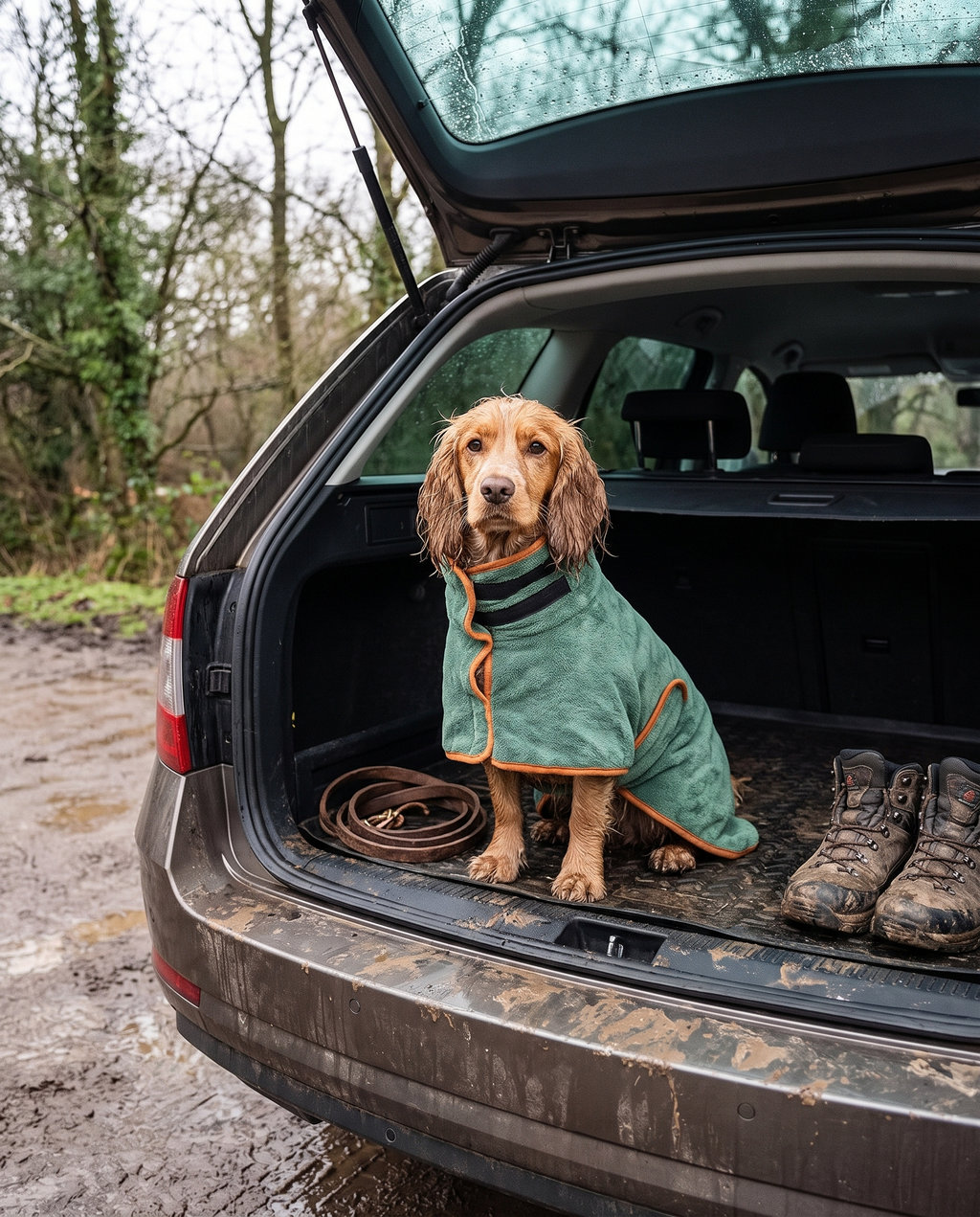 Cocker spaniel in the drying robe sitting in an open car boot