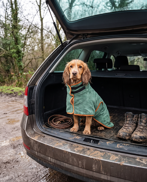 Cocker spaniel in the drying robe sitting in an open car boot