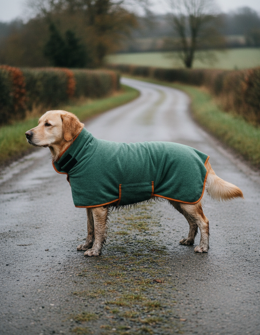 Dog wearing the Fidelis drying robe