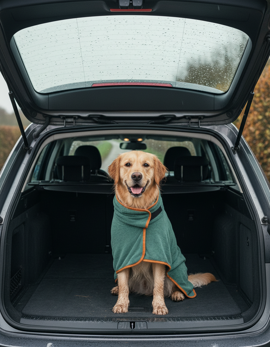 Golden retriever in the Fidelis drying robe sitting in the open boot of a car after a wet walk