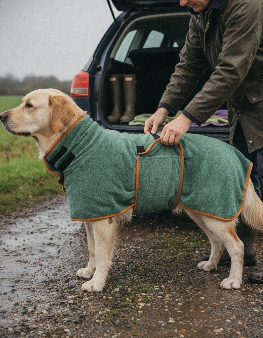 Fastening the belly flap of the drying robe on a golden retriever beside the car