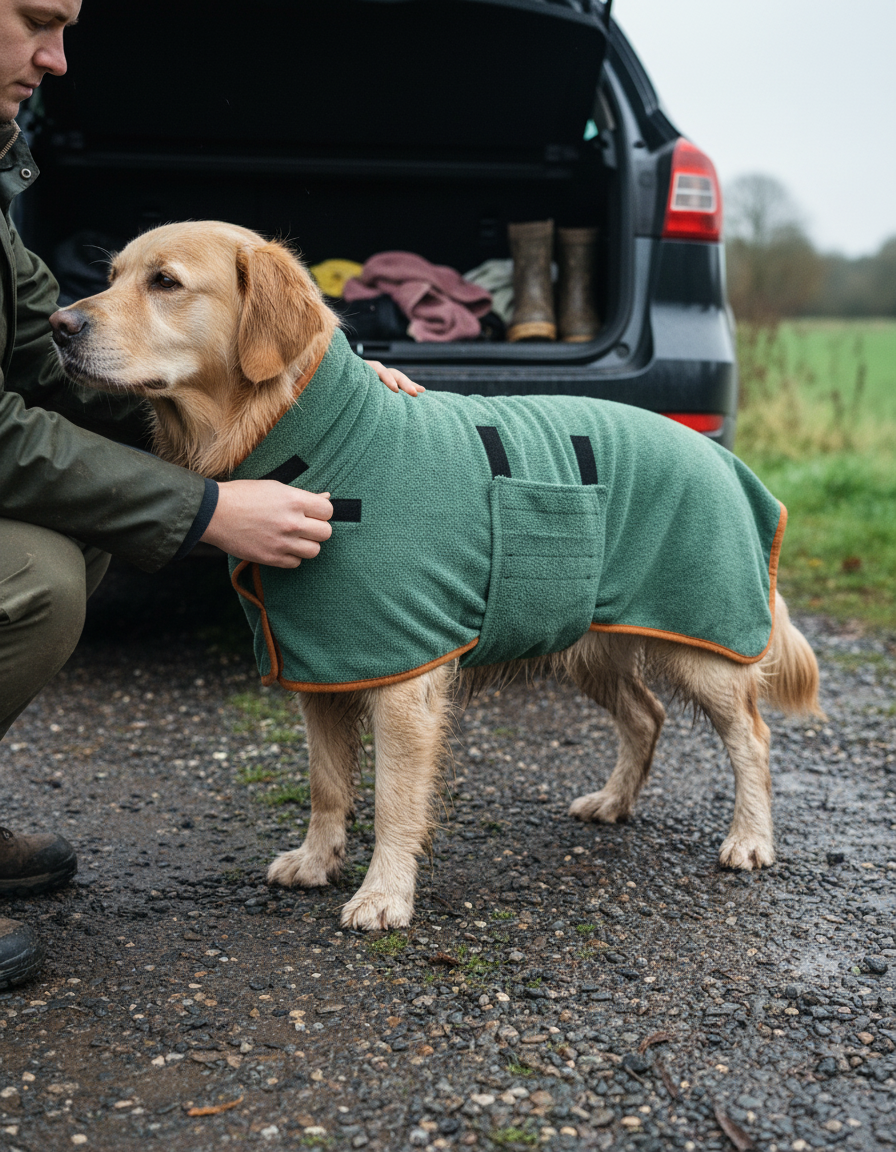 Dog wearing the Fidelis drying robe