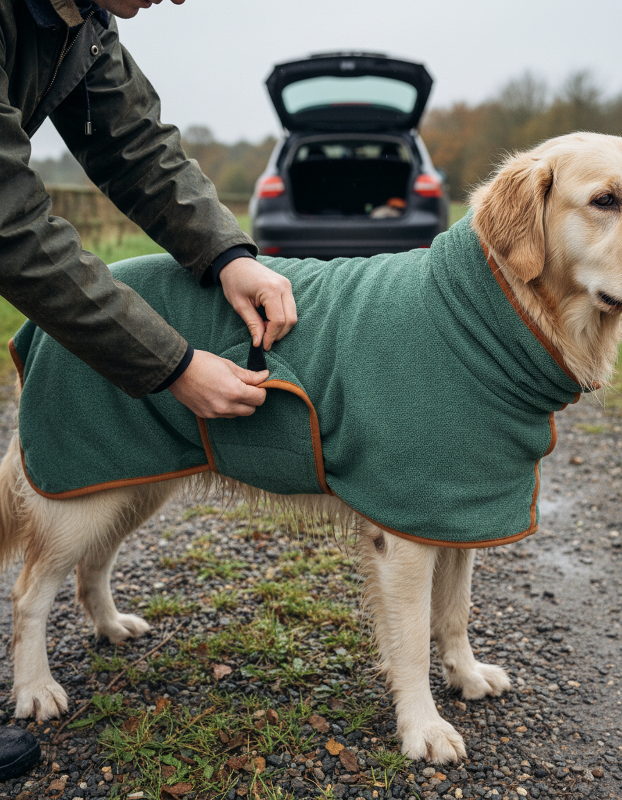 Dog wearing the Fidelis drying robe
