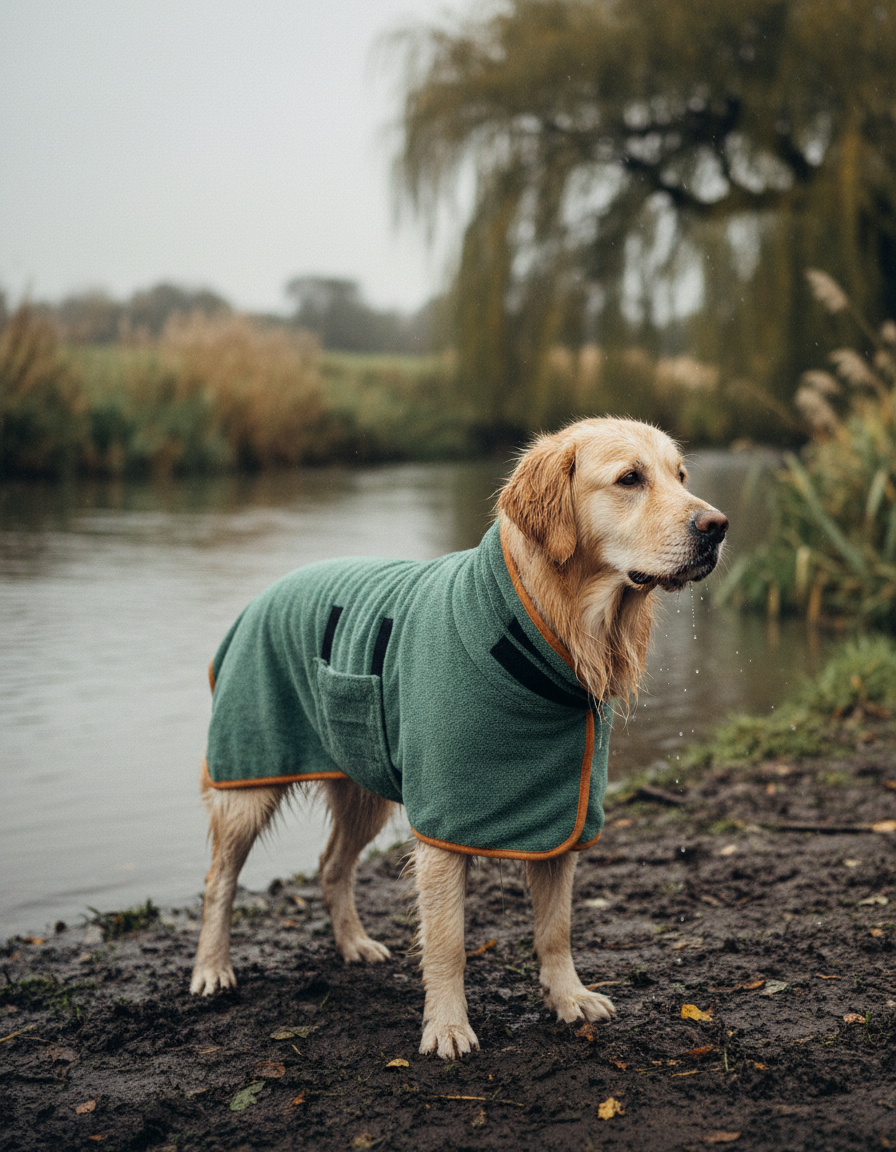 Dog wearing the Fidelis drying robe