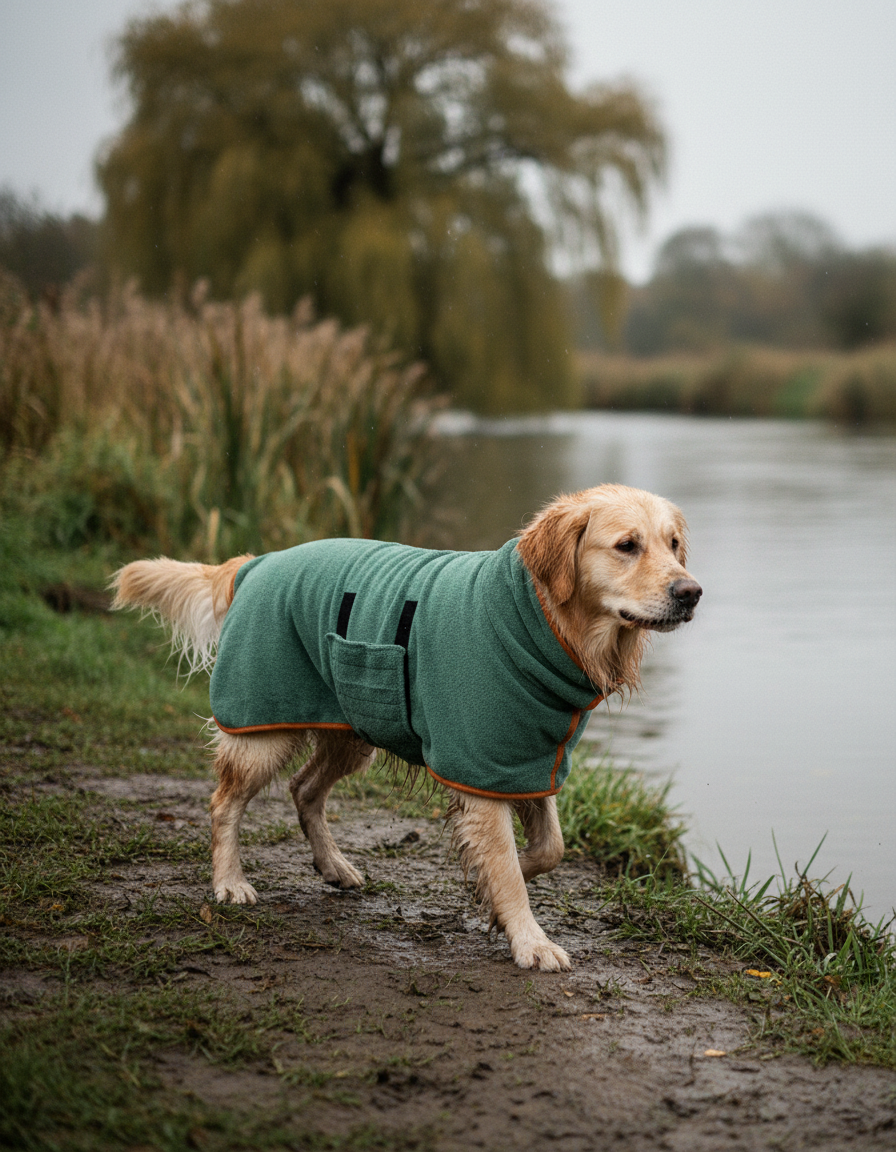 Golden retriever wearing the drying robe on a muddy riverbank