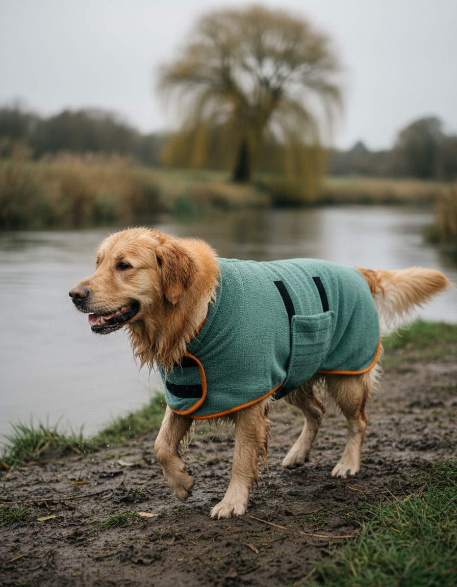Dog wearing the Fidelis drying robe