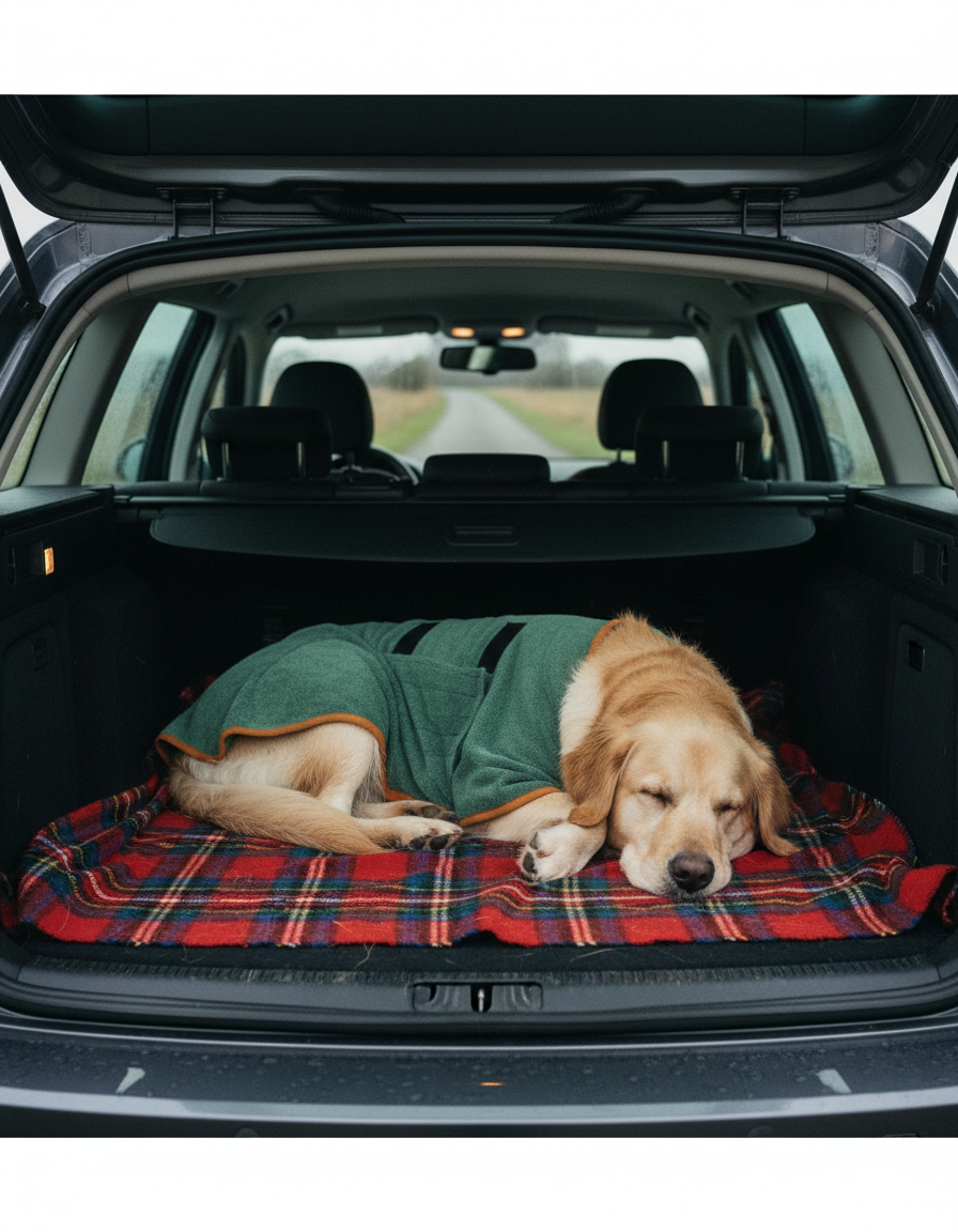 Dog wearing the Fidelis drying robe