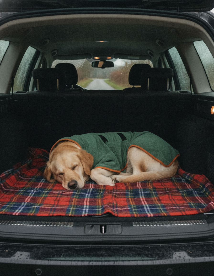 Golden retriever asleep in the drying robe on a tartan blanket in the car boot