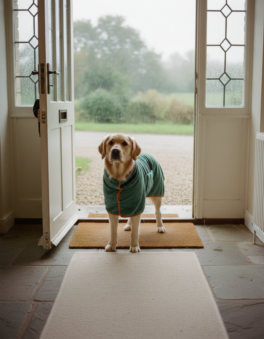 Dog in the drying robe standing on the doormat of a clean hallway