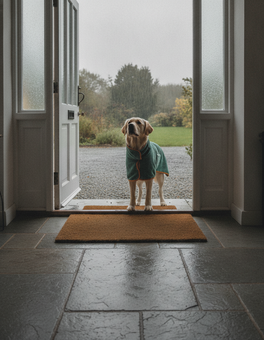 Dog wearing the Fidelis drying robe