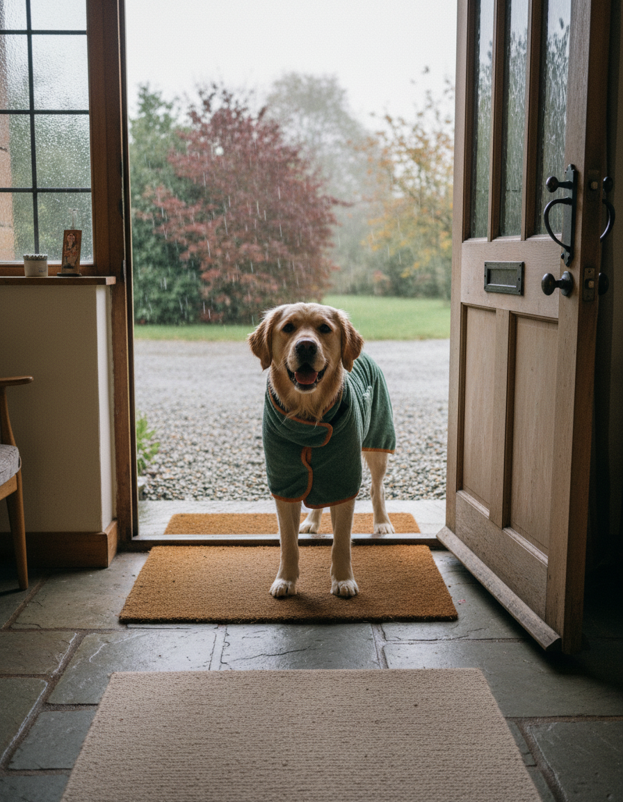 Dog wearing the Fidelis drying robe