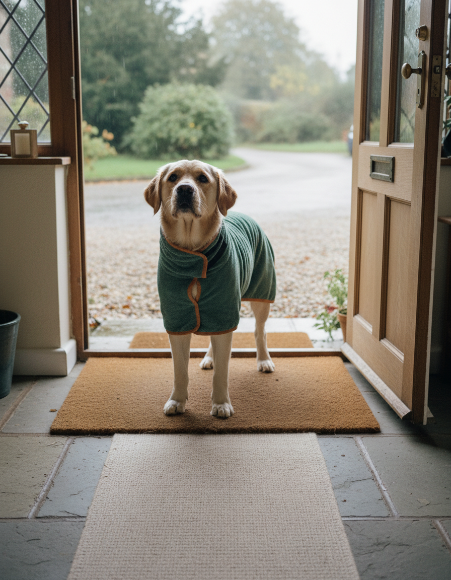 Dog wearing the Fidelis drying robe