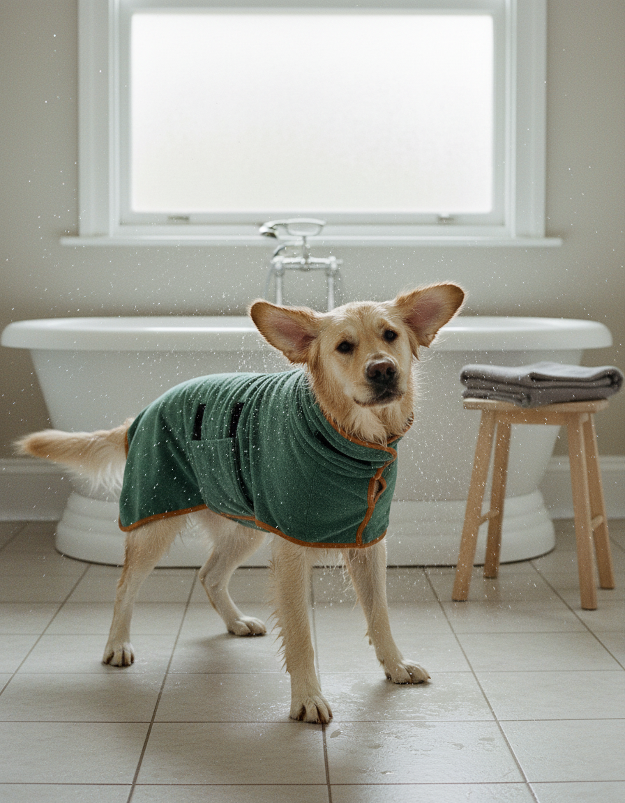 Dog in the drying robe on a dry bathroom floor after a bath