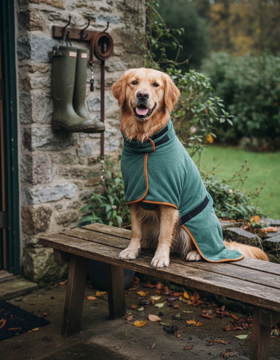 Dog wearing the Fidelis drying robe