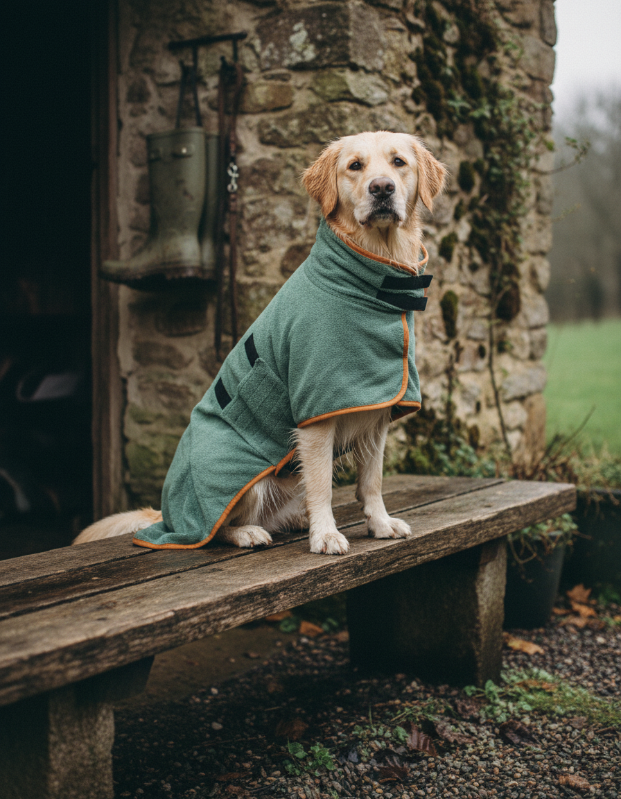 Dog wearing the Fidelis drying robe
