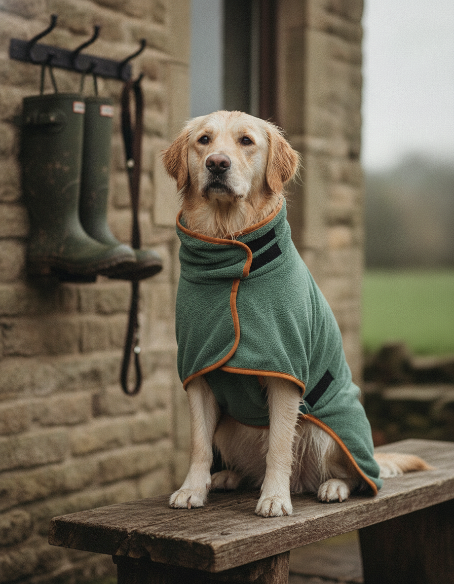 Dog wearing the Fidelis drying robe