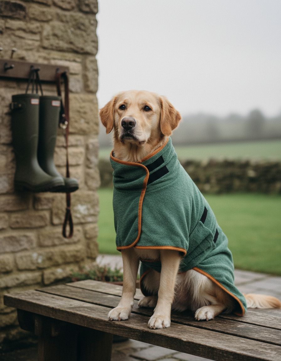 Golden retriever wearing the Forest Green drying robe on a bench outside a boot room