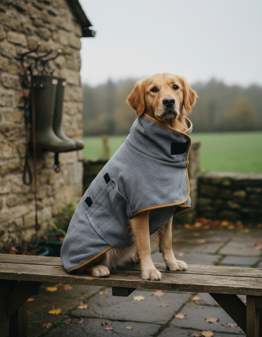 Dog wearing the Fidelis drying robe