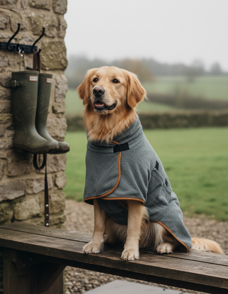 Golden retriever wearing the Slate Grey drying robe on a bench outside a boot room