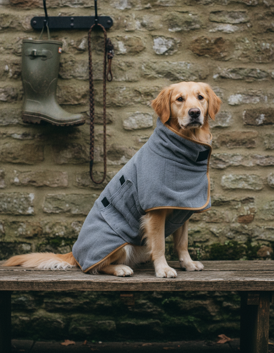 Dog wearing the Fidelis drying robe