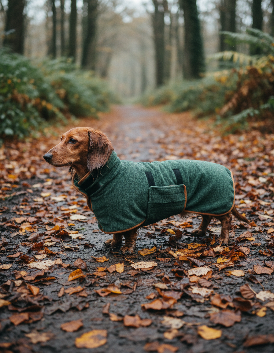 Dachshund wearing the drying robe on a woodland path