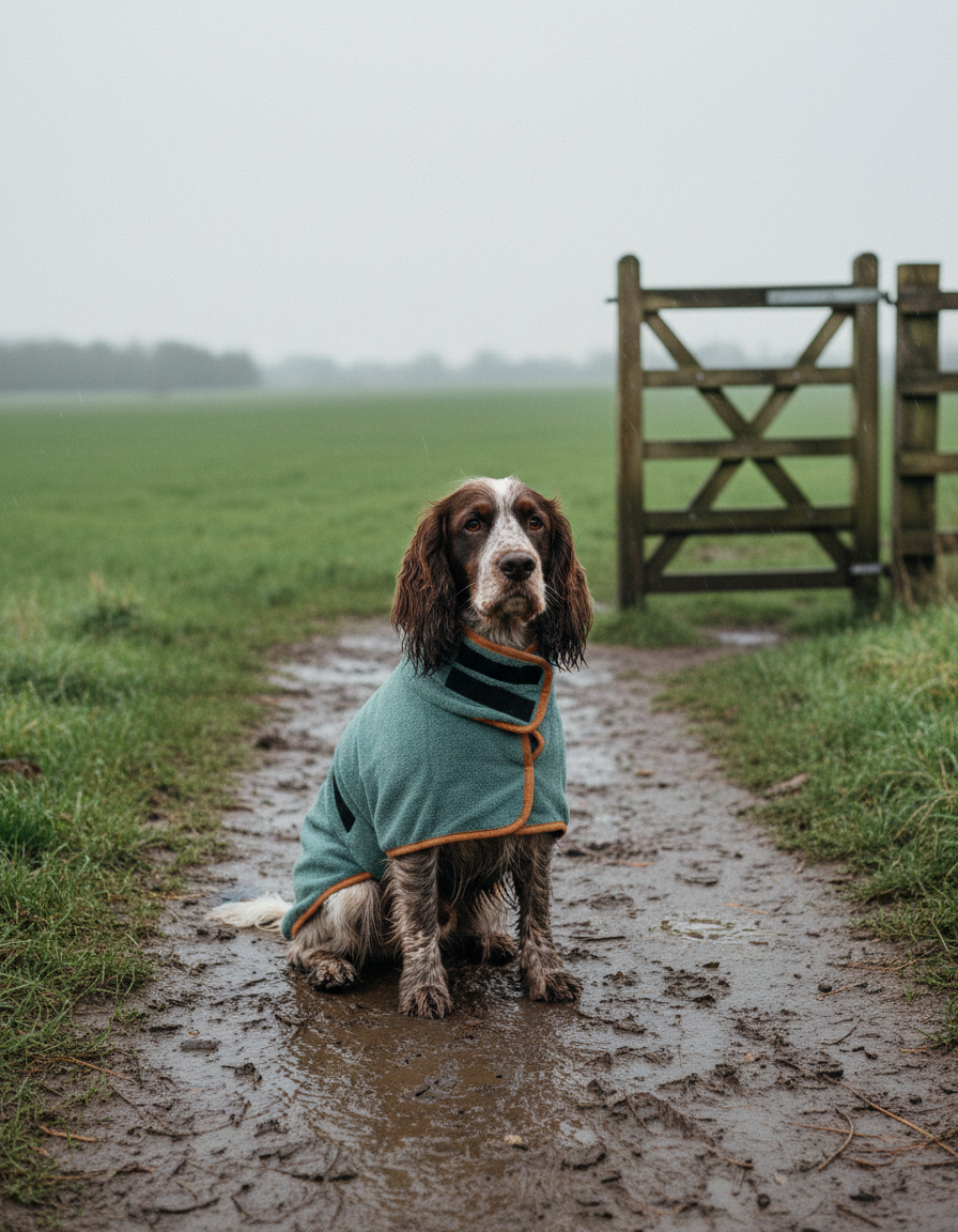 Spaniel wearing the drying robe on a muddy footpath by a field gate
