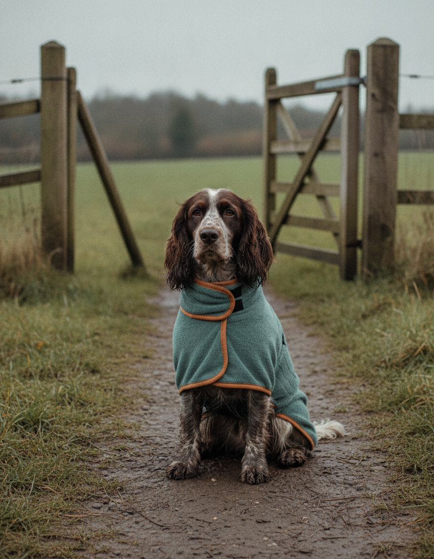 Dog wearing the Fidelis drying robe