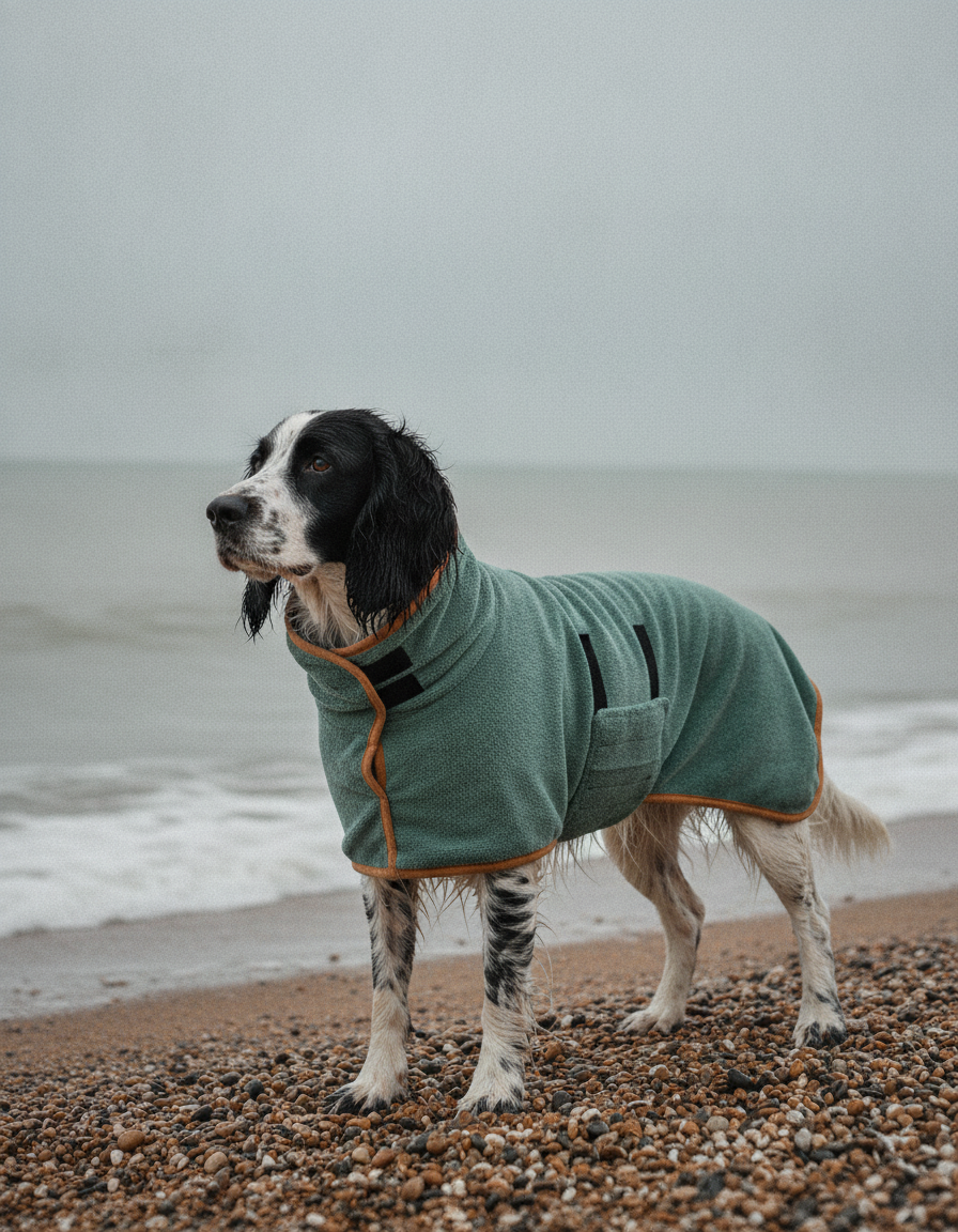 Springer spaniel wearing the drying robe on a shingle beach
