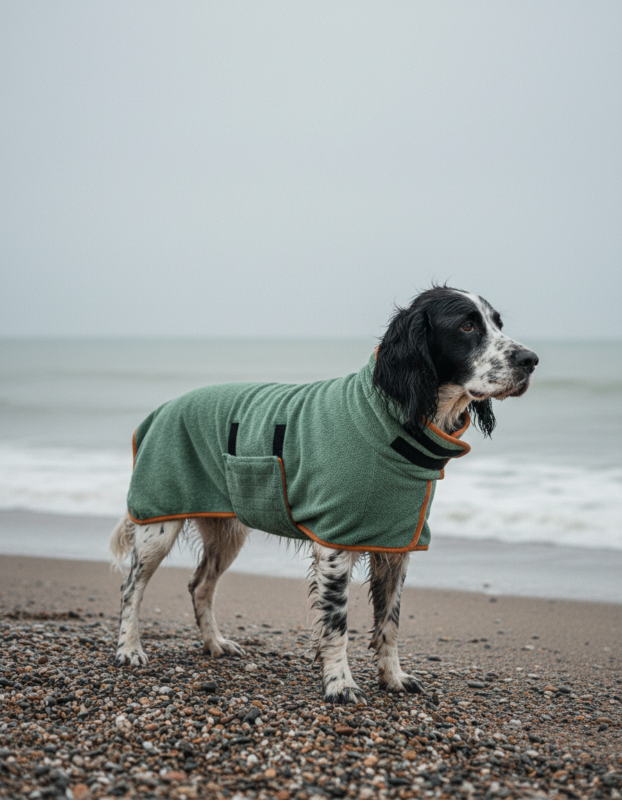 Dog wearing the Fidelis drying robe