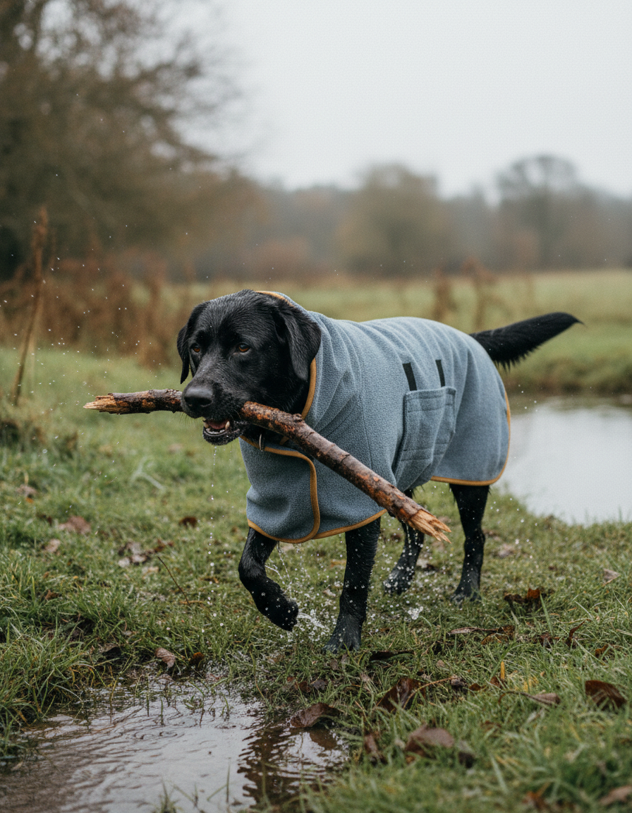 Dog wearing the Fidelis drying robe