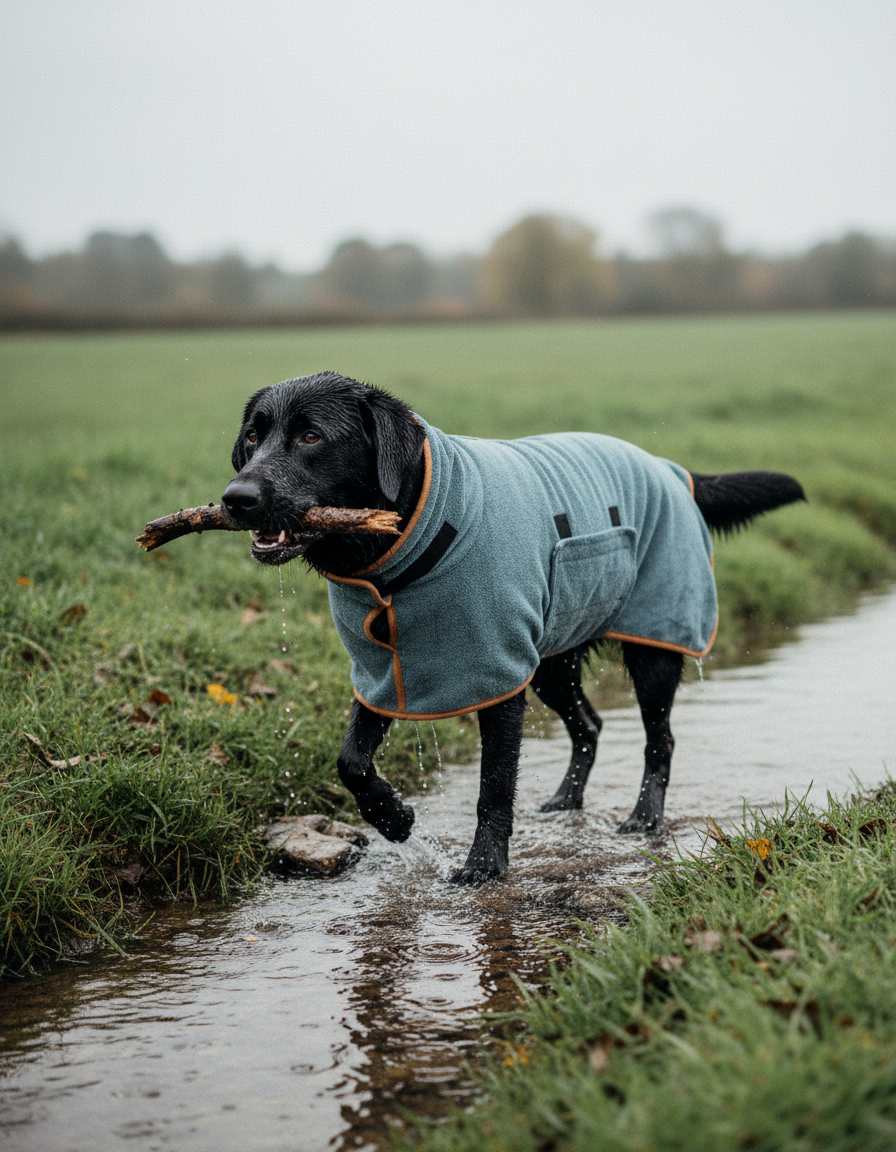 Black Labrador wearing the Ocean Blue drying robe by a stream with a stick