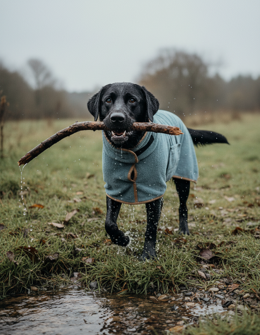 Dog wearing the Fidelis drying robe