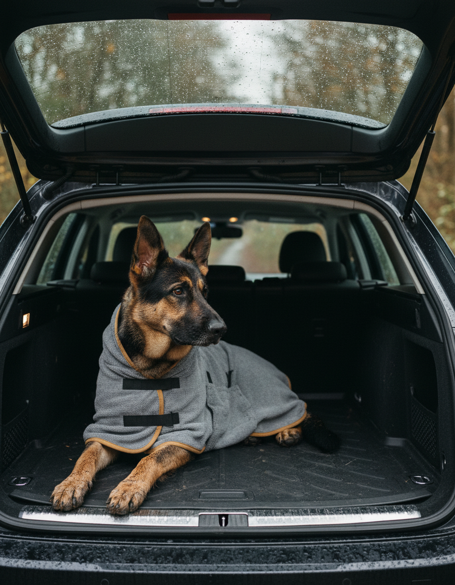 German Shepherd wearing the drying robe lying in a car boot