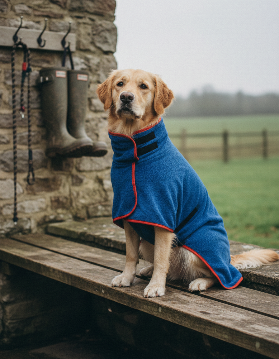 Dog wearing the Fidelis drying robe